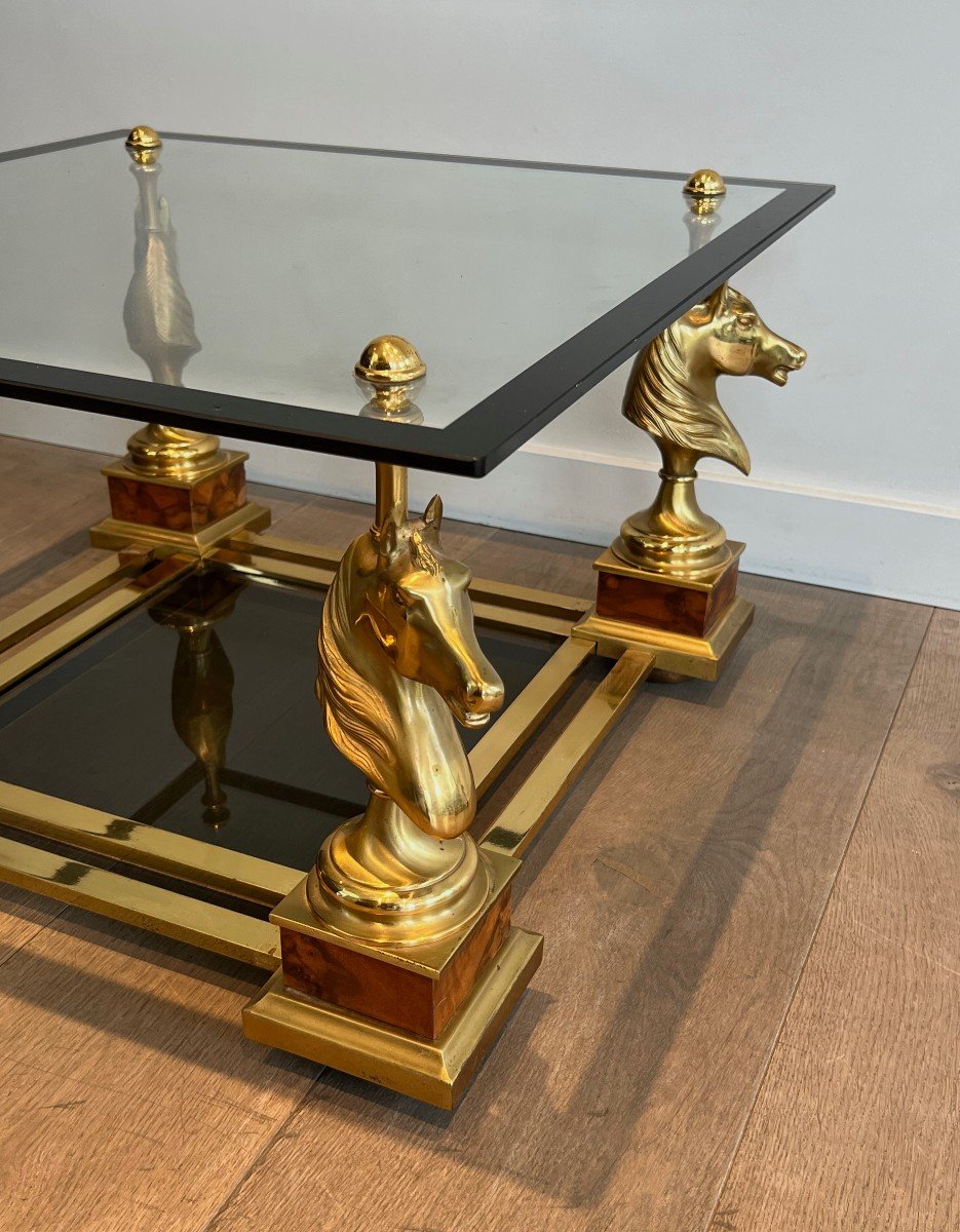 Pair Of Square Side Tables With Brass Horse Heads On Burr Walnut Base, Lower Top Made Of Black -photo-8