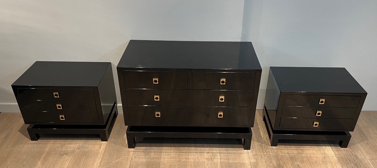 Black Lacquered Chest Of Drawers With Bronze Handles. French Work By Guy Lefèvre -photo-8