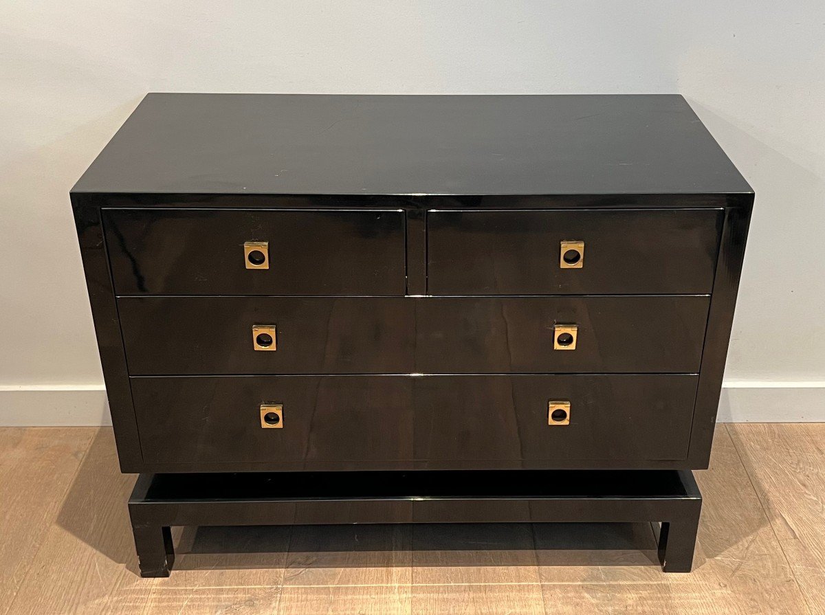 Black Lacquered Chest Of Drawers With Bronze Handles. French Work By Guy Lefèvre 