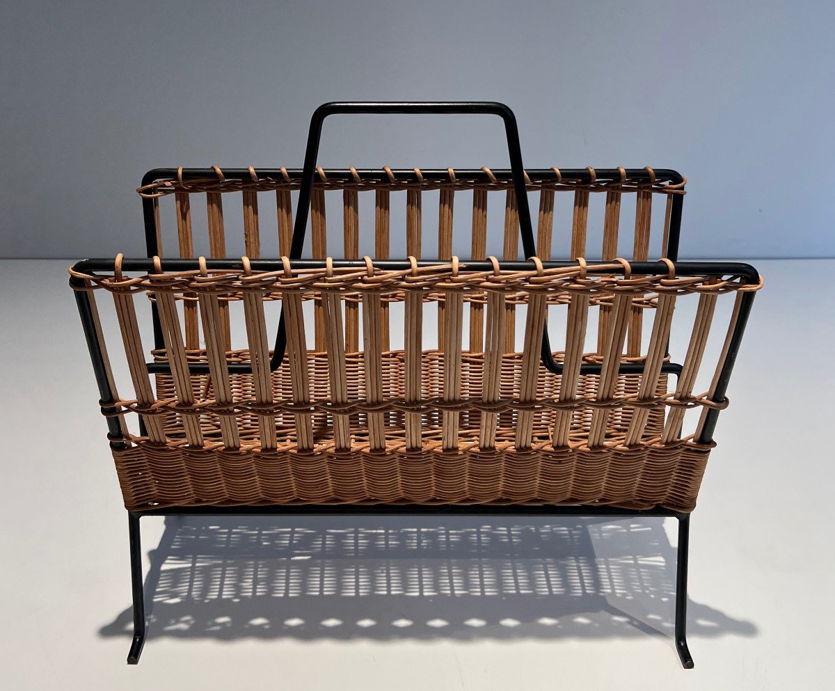 Pair Of Rattan And Black Lacquered Magazine Rack. French Work. Circa 1950-photo-3