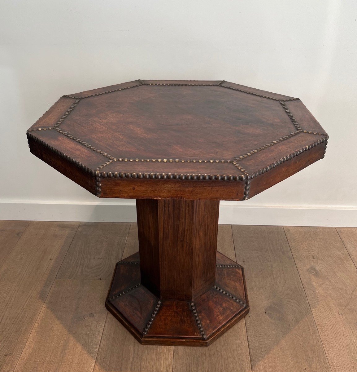 Octagonal Pedestal Table Made Of Oak And Leather Studded With Large Round-headed Brass Nails. -photo-2