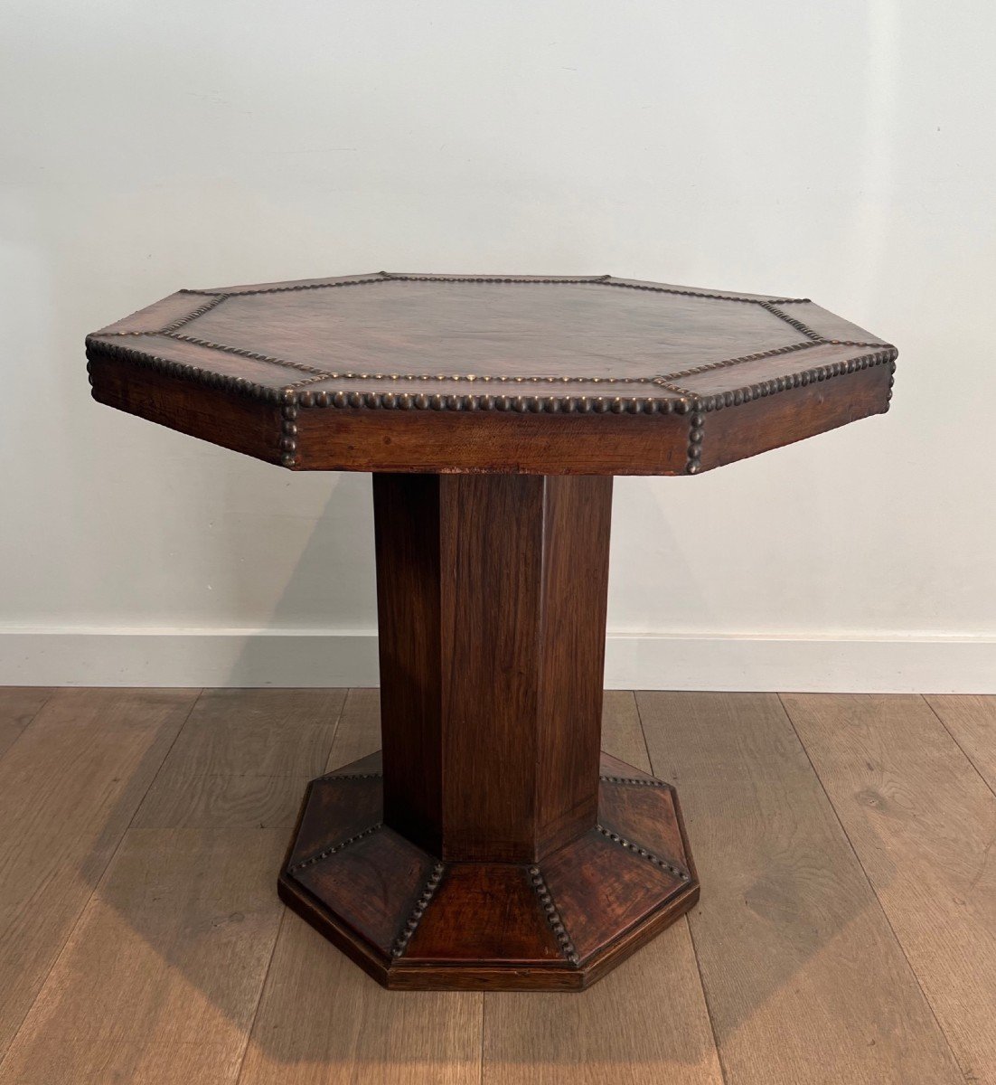 Octagonal Pedestal Table Made Of Oak And Leather Studded With Large Round-headed Brass Nails. -photo-3