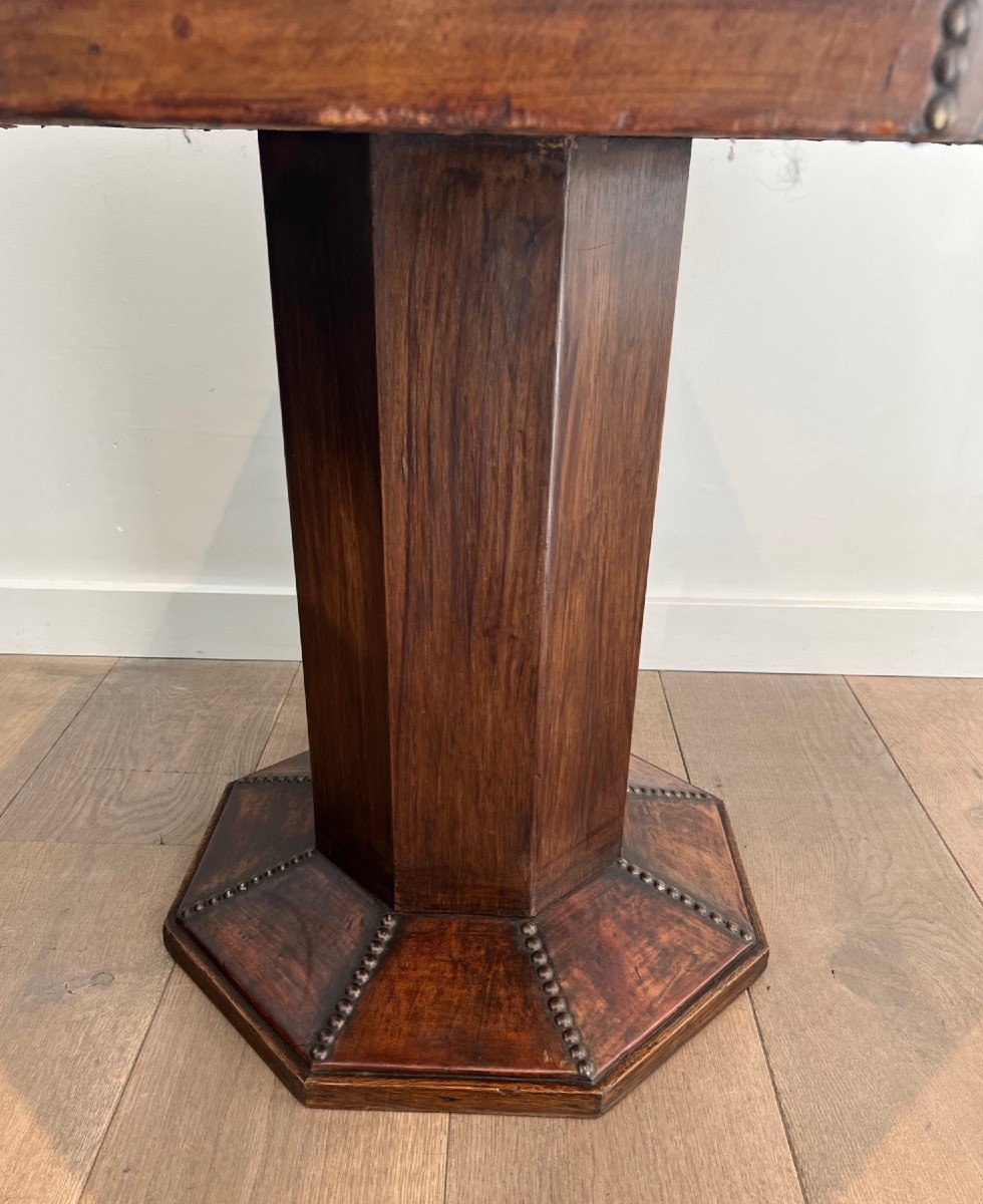 Octagonal Pedestal Table Made Of Oak And Leather Studded With Large Round-headed Brass Nails. -photo-2