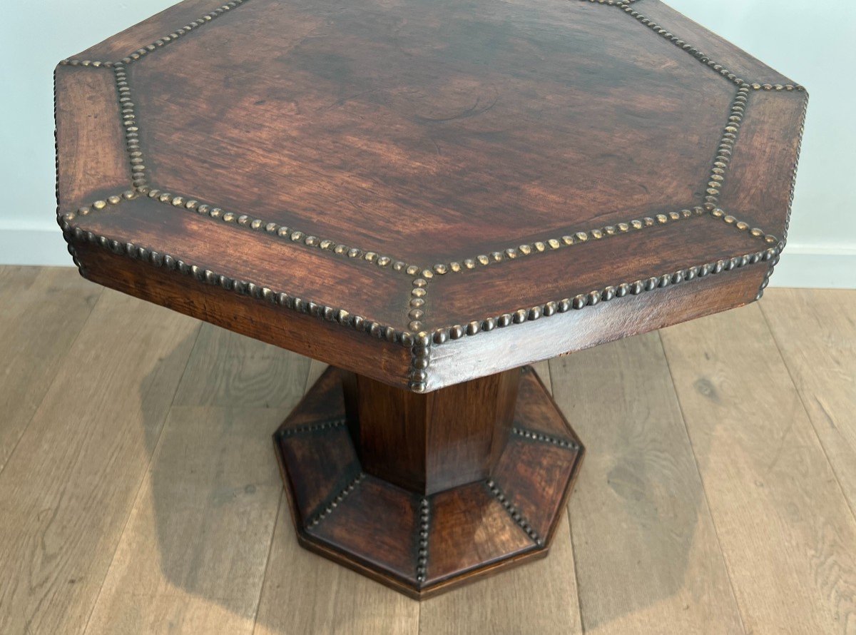 Octagonal Pedestal Table Made Of Oak And Leather Studded With Large Round-headed Brass Nails. -photo-3