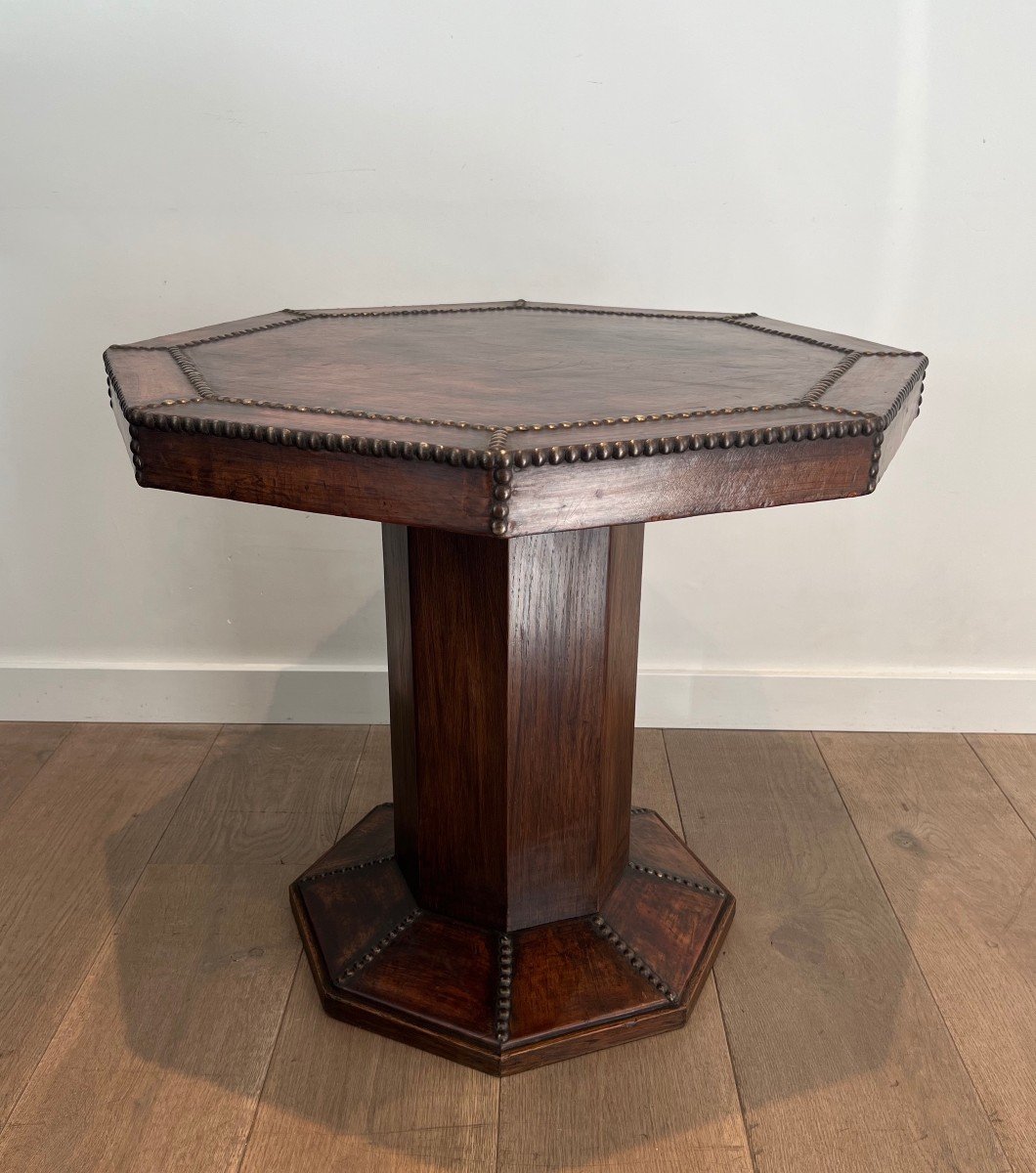 Octagonal Pedestal Table Made Of Oak And Leather Studded With Large Round-headed Brass Nails. -photo-7