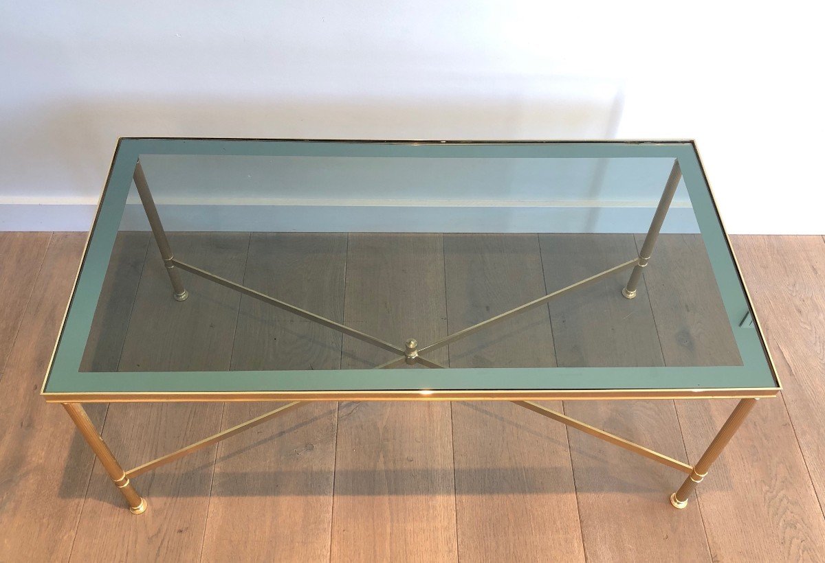 Neoclassical Style Gilt Metal Coffee Table With Blueish Glass Shelf. French Work -photo-2