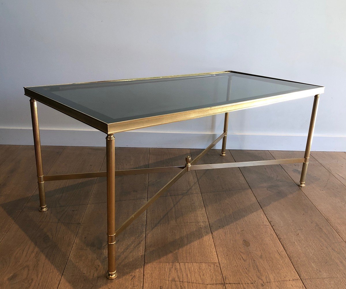 Neoclassical Style Gilt Metal Coffee Table With Blueish Glass Shelf. French Work -photo-3