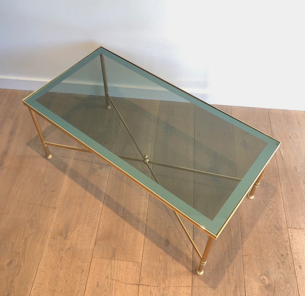 Neoclassical Style Gilt Metal Coffee Table With Blueish Glass Shelf. French Work -photo-4