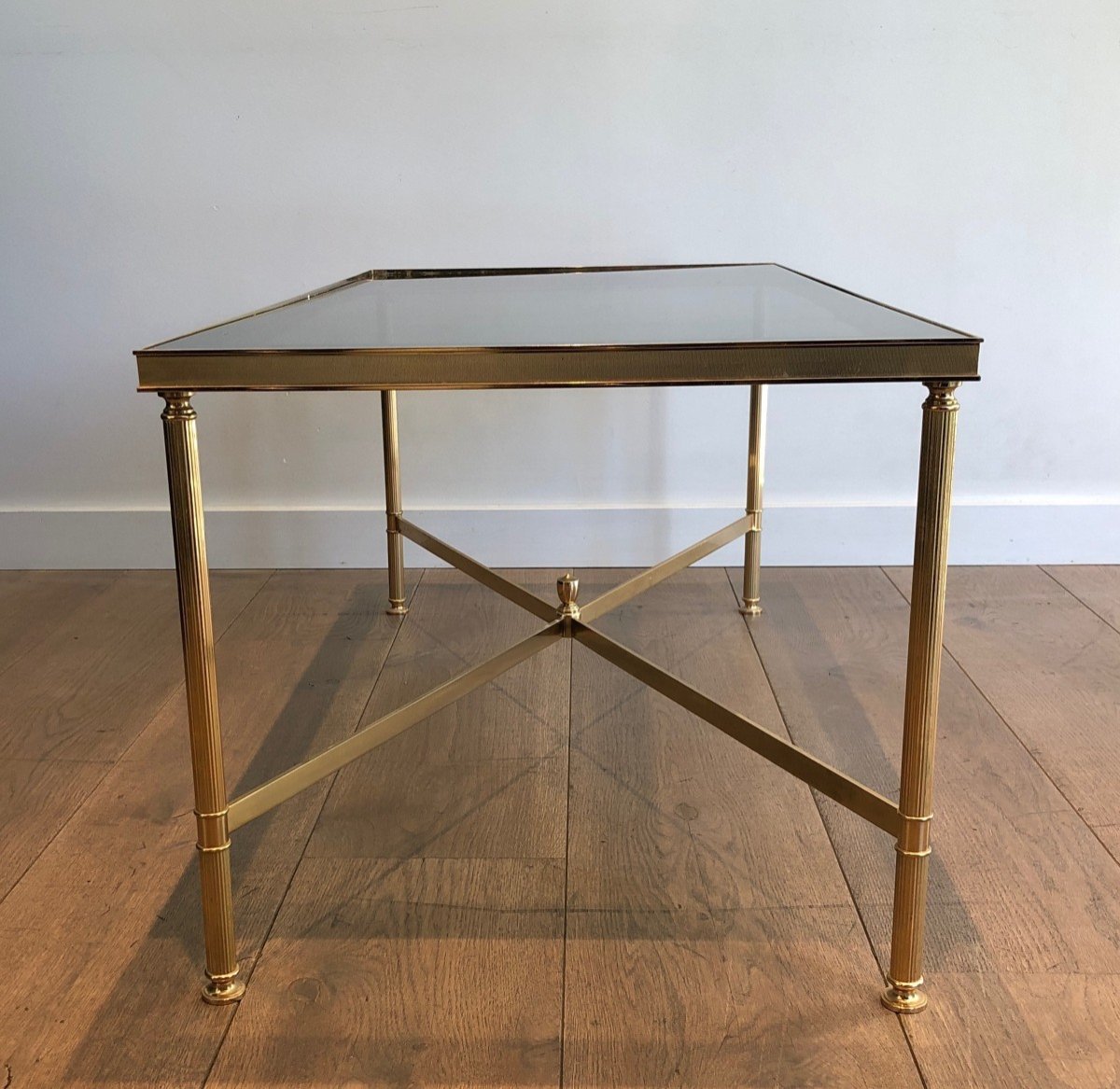 Neoclassical Style Gilt Metal Coffee Table With Blueish Glass Shelf. French Work -photo-1