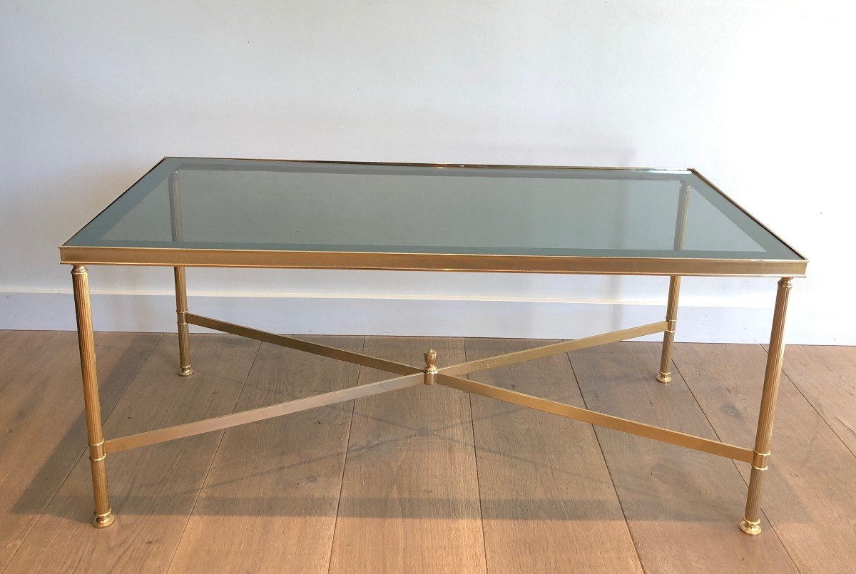 Neoclassical Style Gilt Metal Coffee Table With Blueish Glass Shelf. French Work -photo-8