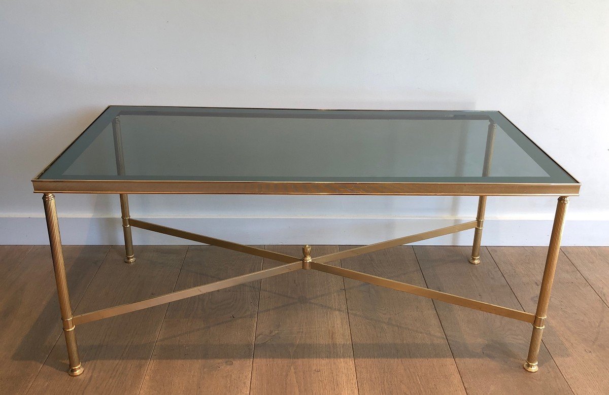 Neoclassical Style Gilt Metal Coffee Table With Blueish Glass Shelf. French Work 