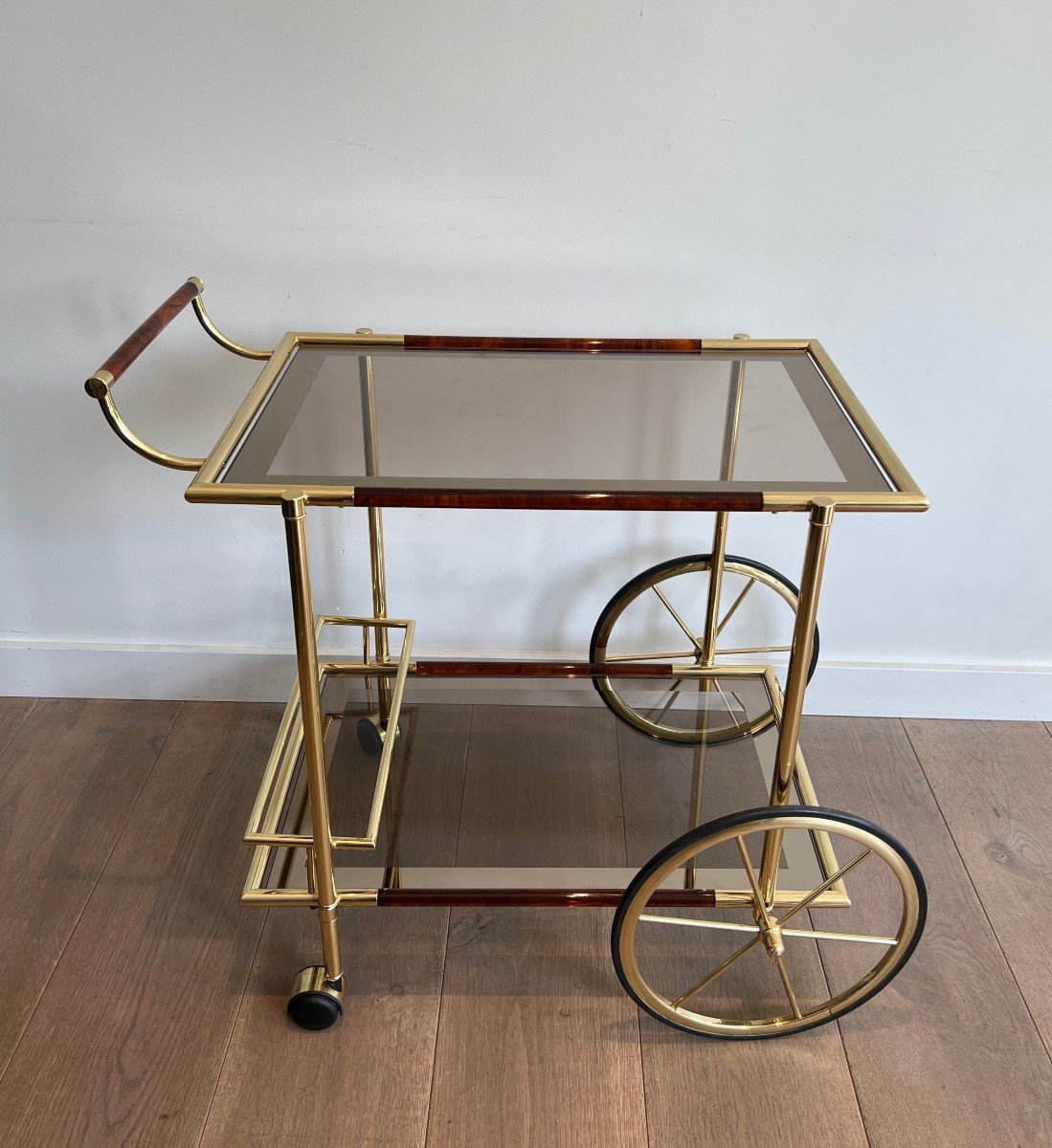 Design Brass And Orange-red Celluloid Drinks Trolley. French Work. Circa 1970-photo-2