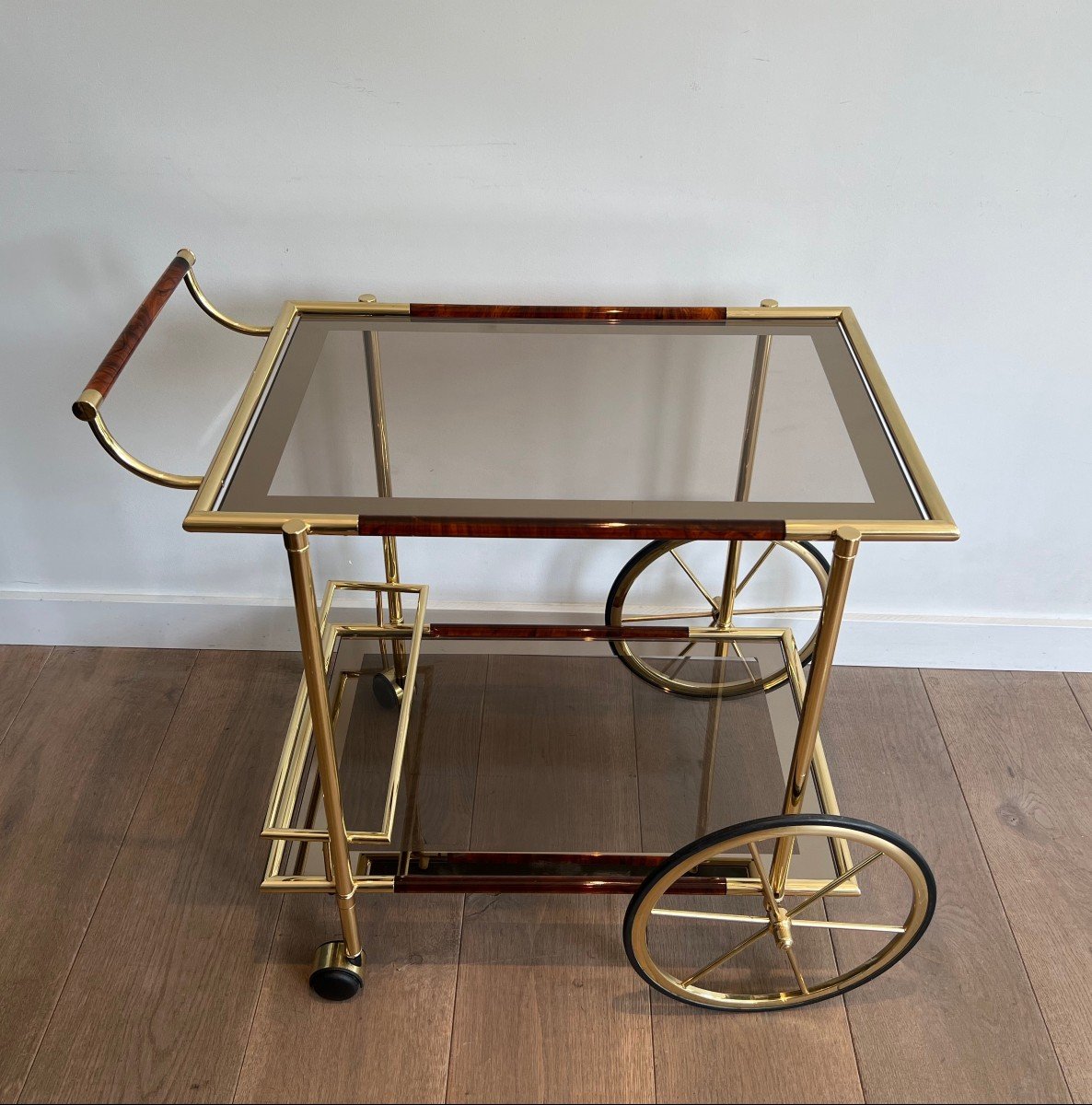 Design Brass And Orange-red Celluloid Drinks Trolley. French Work. Circa 1970-photo-3