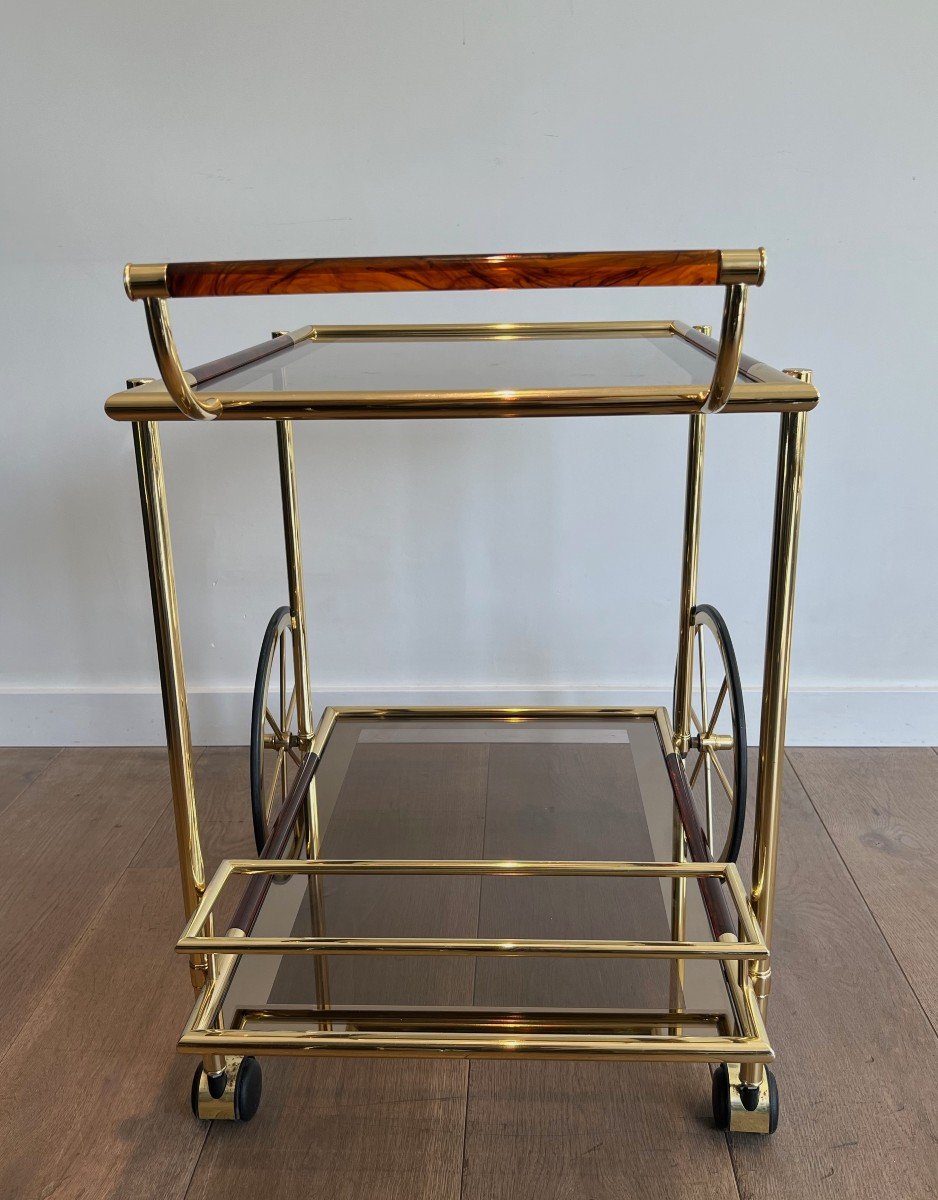 Design Brass And Orange-red Celluloid Drinks Trolley. French Work. Circa 1970-photo-2