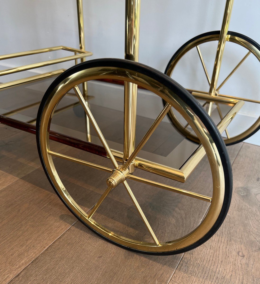 Design Brass And Orange-red Celluloid Drinks Trolley. French Work. Circa 1970-photo-7