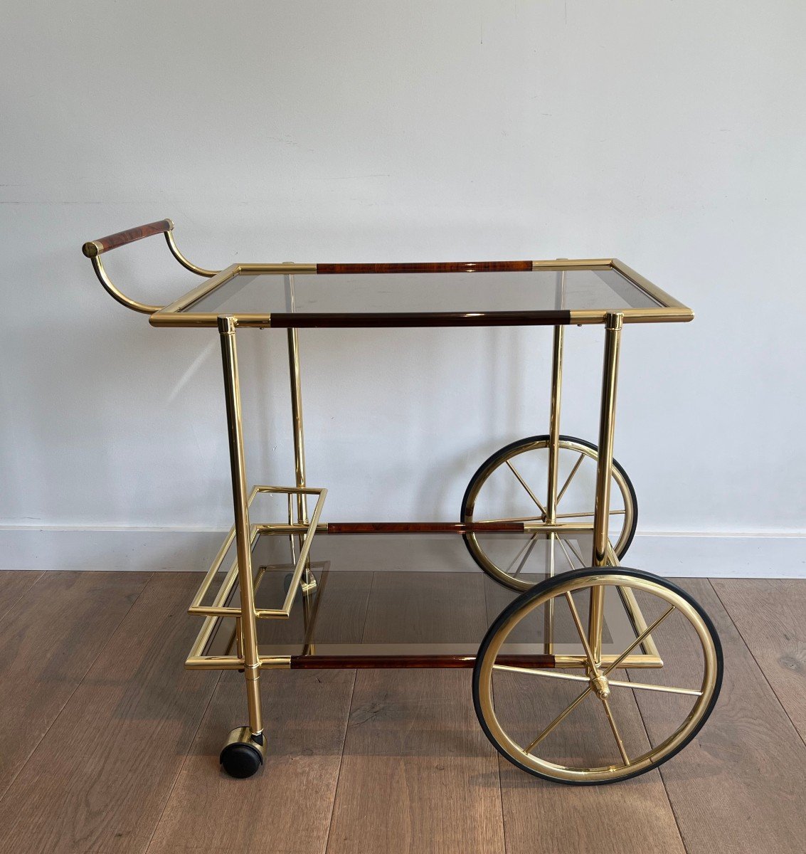 Design Brass And Orange-red Celluloid Drinks Trolley. French Work. Circa 1970