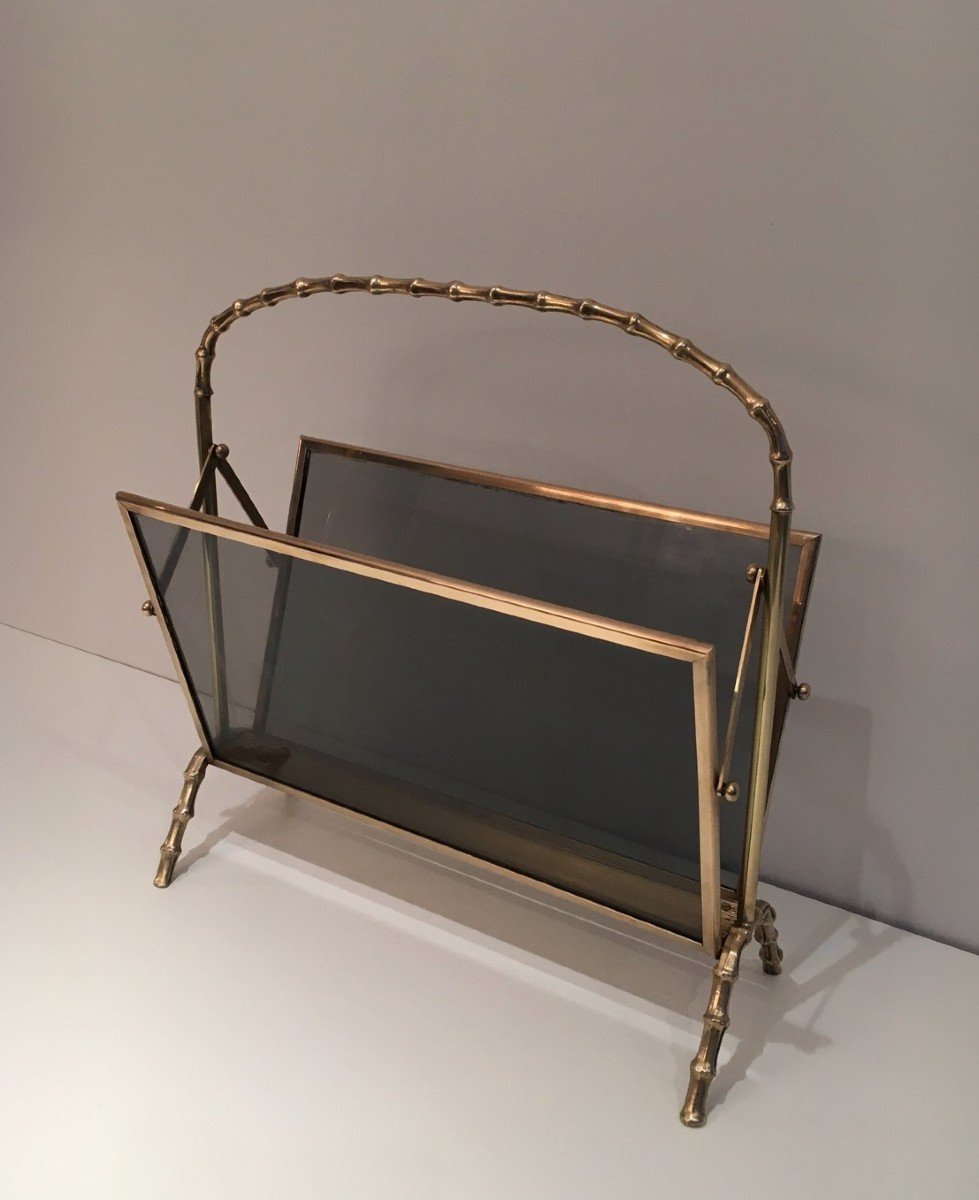 Brass Faux-bamboo Magazine Rack With Tainted Glass Panels On Each Side By Maison Baguès-photo-2