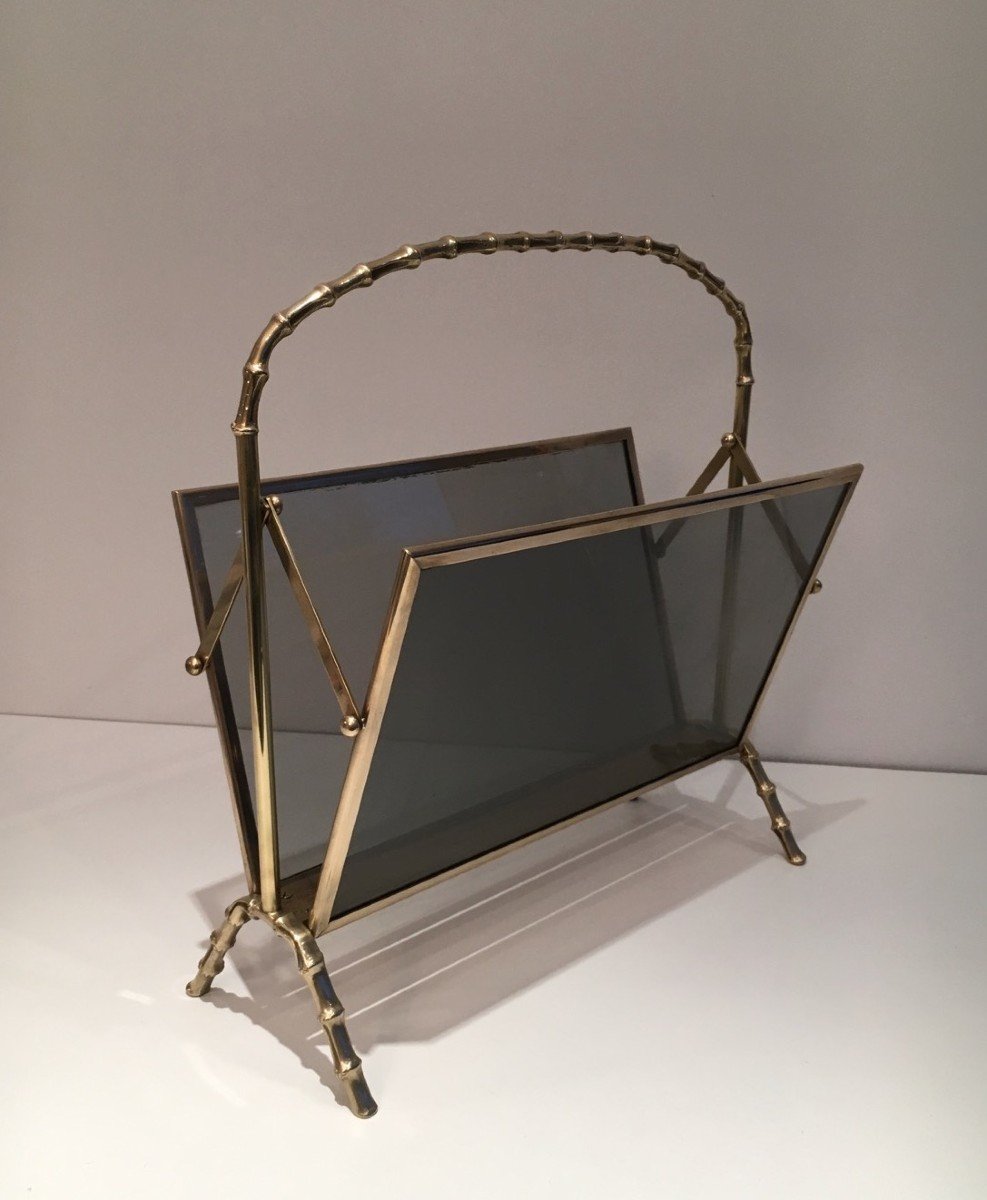 Brass Faux-bamboo Magazine Rack With Tainted Glass Panels On Each Side By Maison Baguès-photo-6