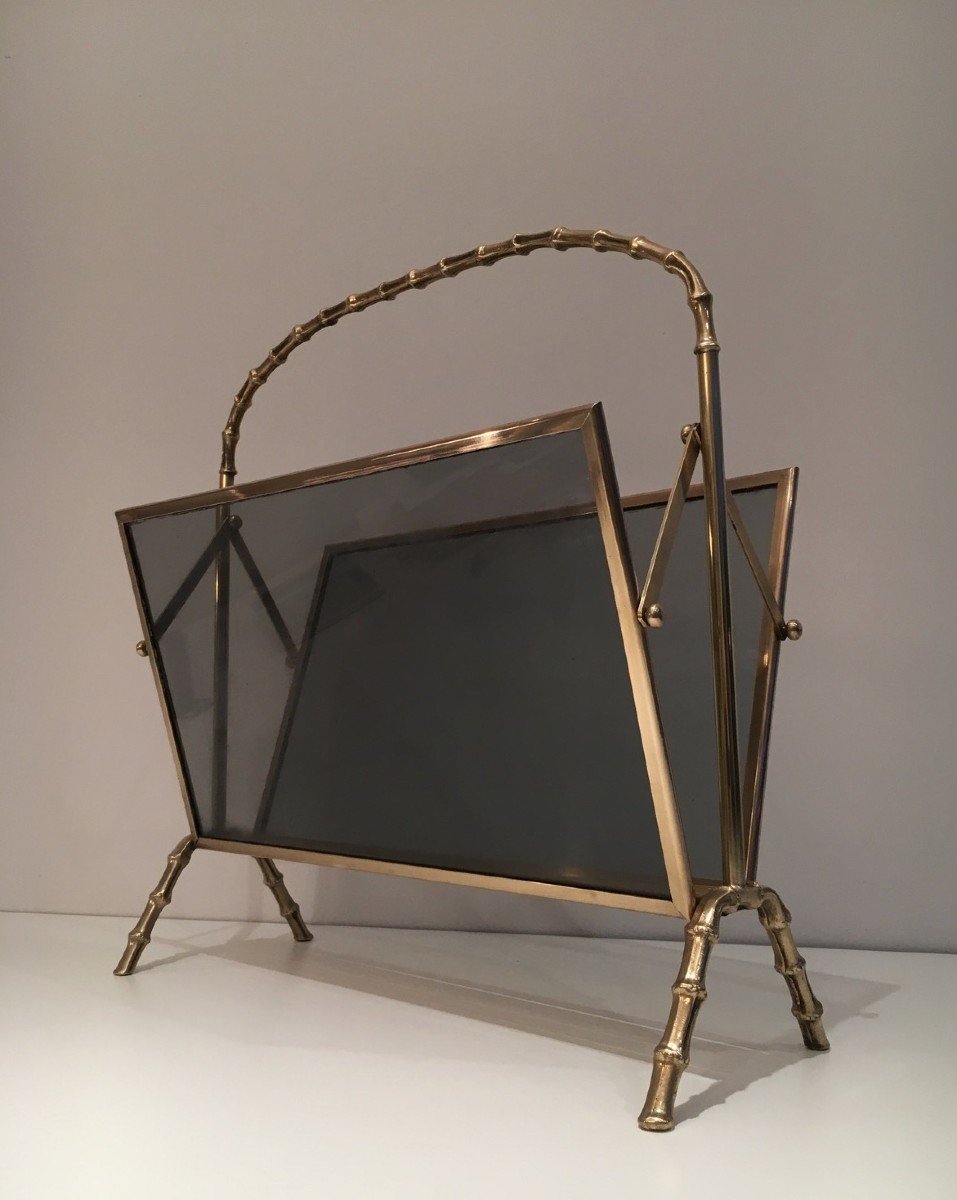 Brass Faux-bamboo Magazine Rack With Tainted Glass Panels On Each Side By Maison Baguès-photo-7