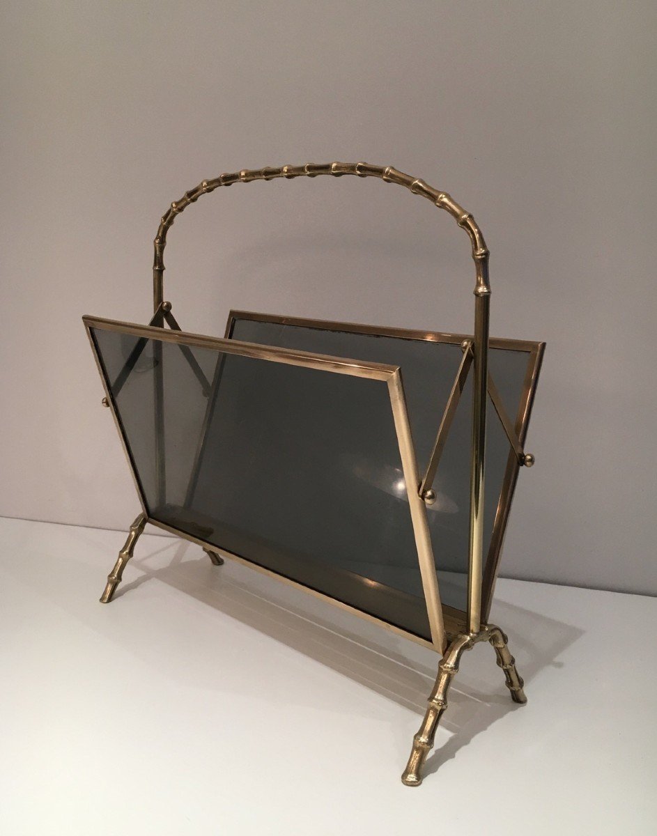 Brass Faux-bamboo Magazine Rack With Tainted Glass Panels On Each Side By Maison Baguès-photo-8