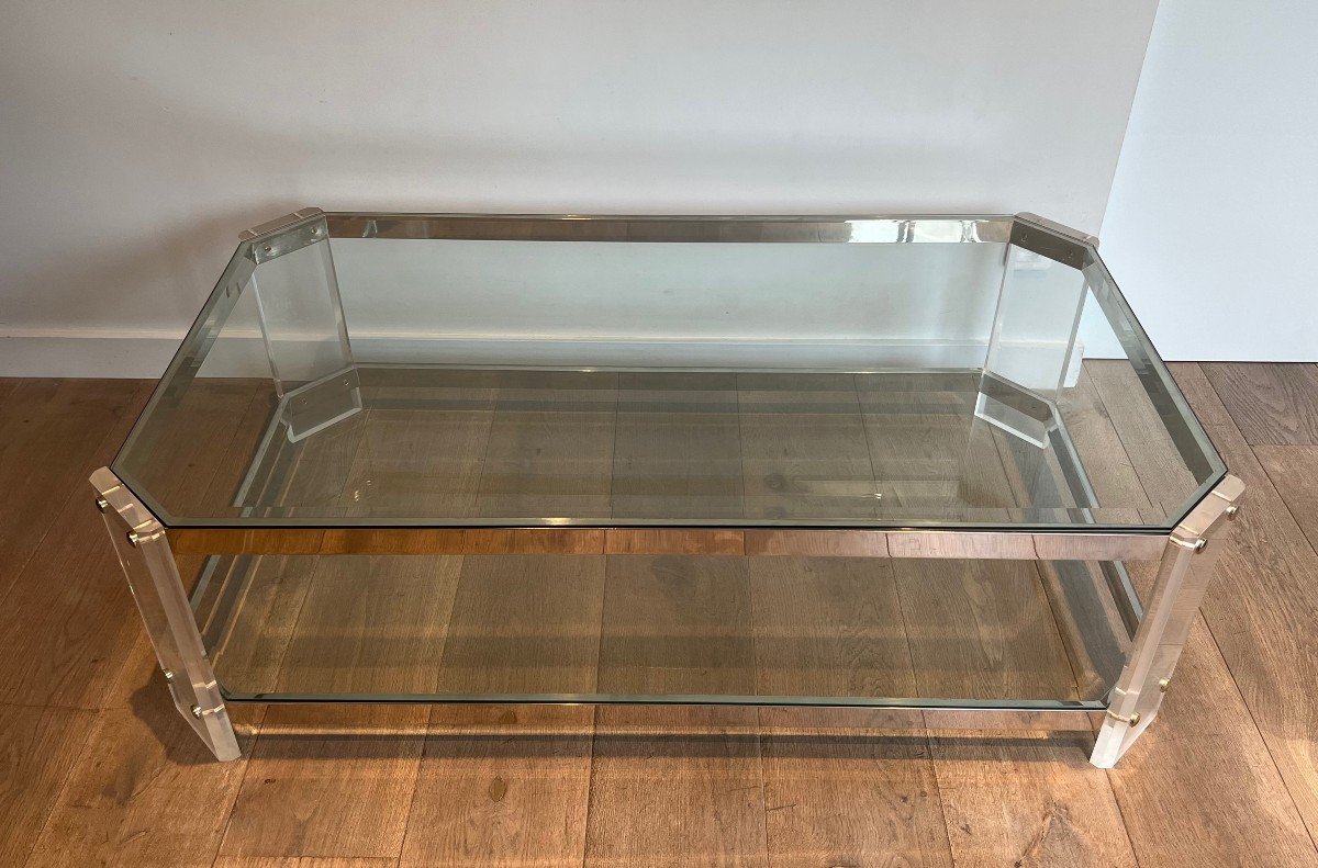 Octogonal Lucite And Chrome Coffee Table. French Work By Maison Jansen. Circa 1070