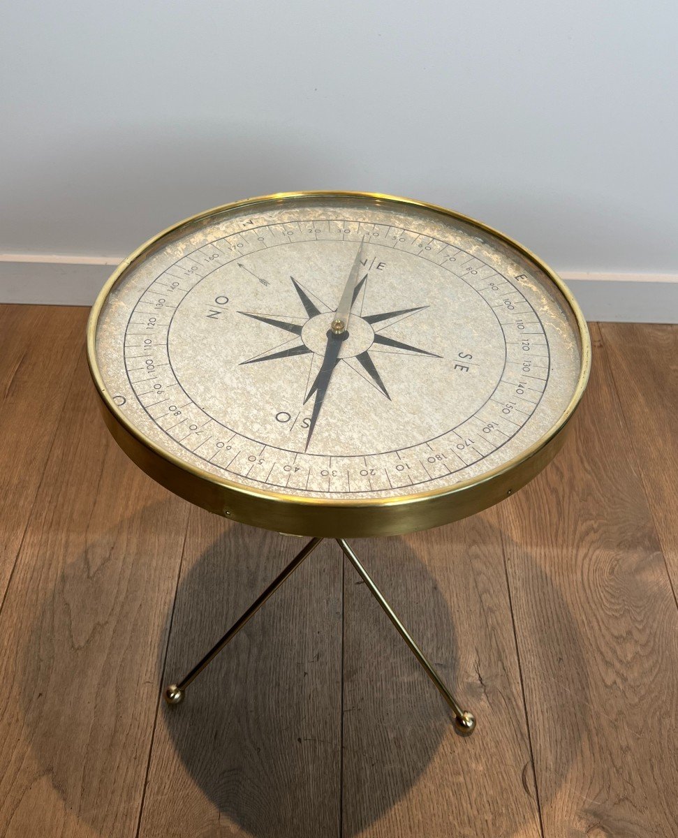 Round Brass "compass" Side Table. French Work In The Jacques Adnet Style. Circa 1940-photo-1