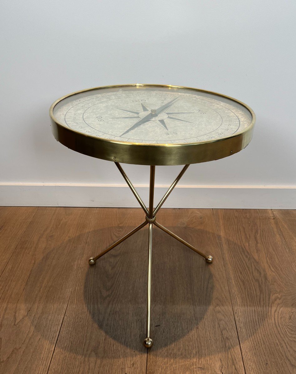 Round Brass "compass" Side Table. French Work In The Jacques Adnet Style. Circa 1940-photo-7