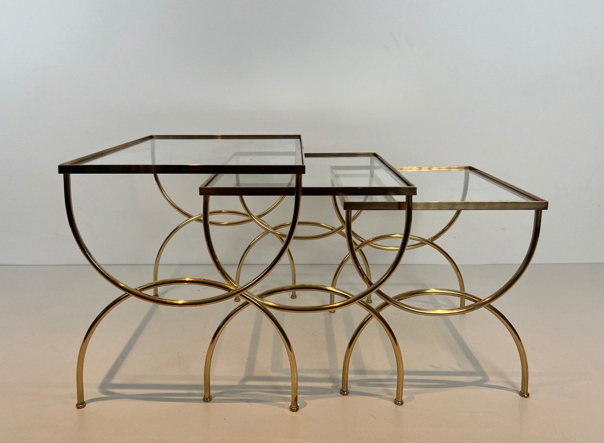 Neoclassical Style Brass Nesting Tables With Arcuate Base. French Work. Circa 1940-photo-2