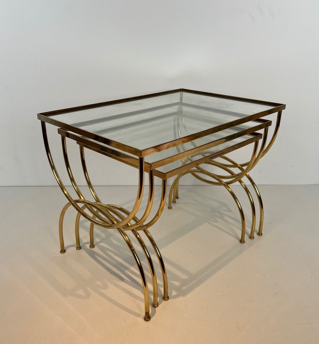 Neoclassical Style Brass Nesting Tables With Arcuate Base. French Work. Circa 1940-photo-3