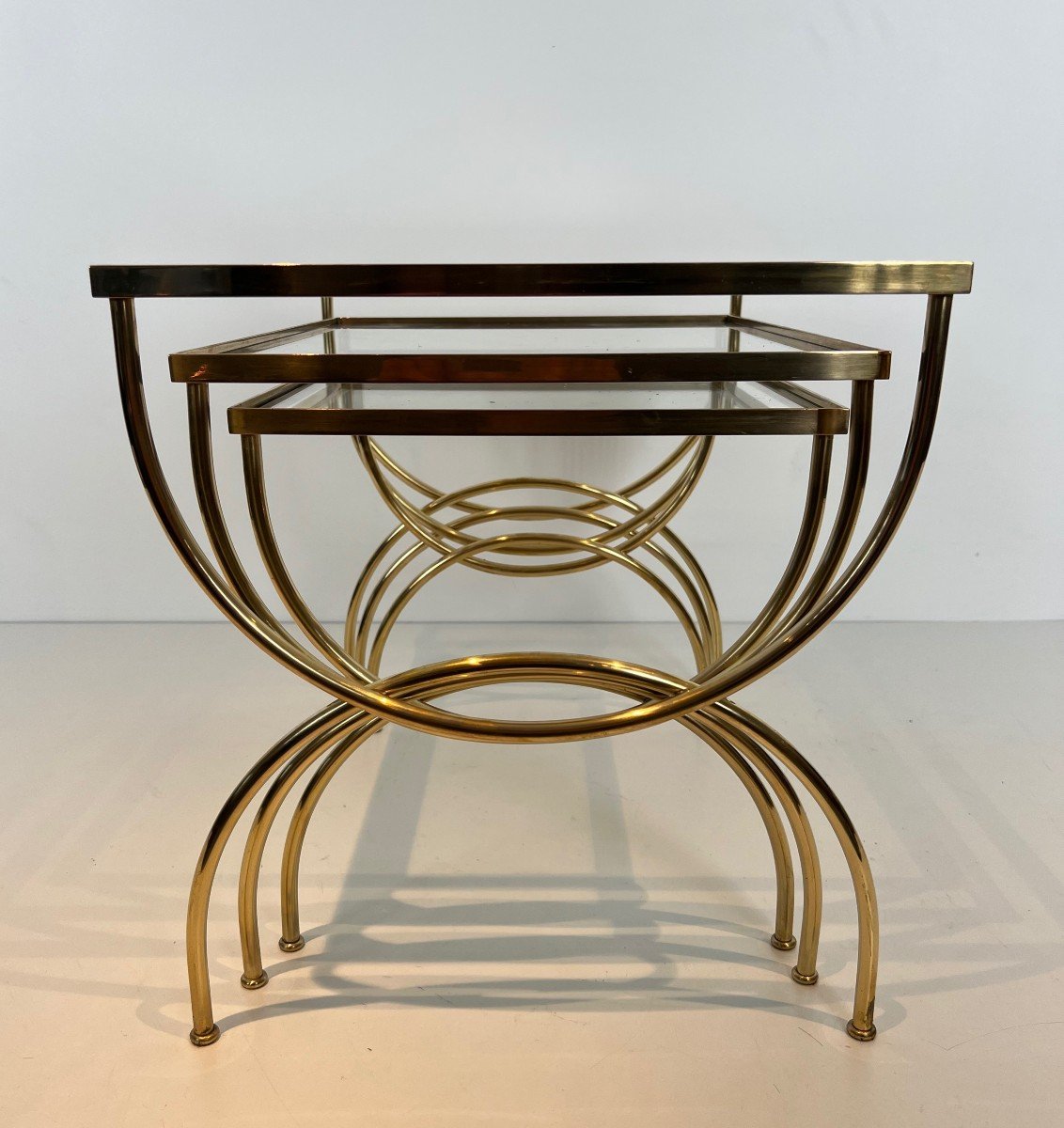 Neoclassical Style Brass Nesting Tables With Arcuate Base. French Work. Circa 1940-photo-4