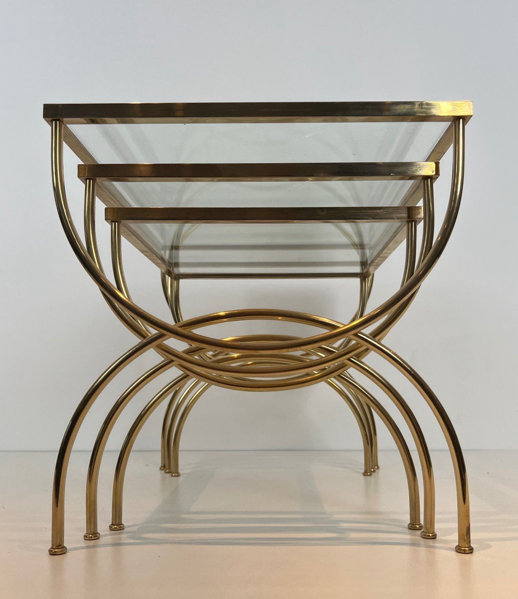 Neoclassical Style Brass Nesting Tables With Arcuate Base. French Work. Circa 1940-photo-1