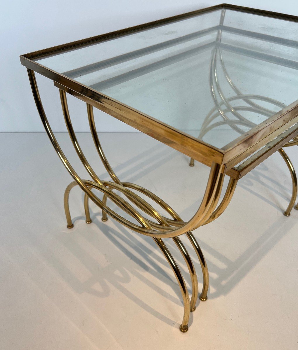 Neoclassical Style Brass Nesting Tables With Arcuate Base. French Work. Circa 1940-photo-2