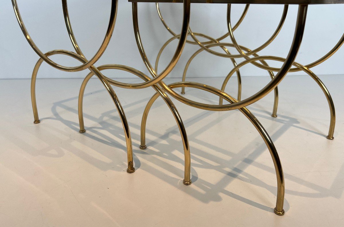 Neoclassical Style Brass Nesting Tables With Arcuate Base. French Work. Circa 1940-photo-3