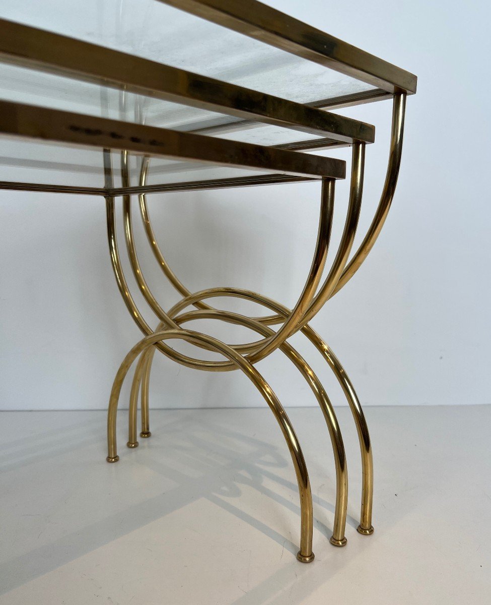 Neoclassical Style Brass Nesting Tables With Arcuate Base. French Work. Circa 1940-photo-4