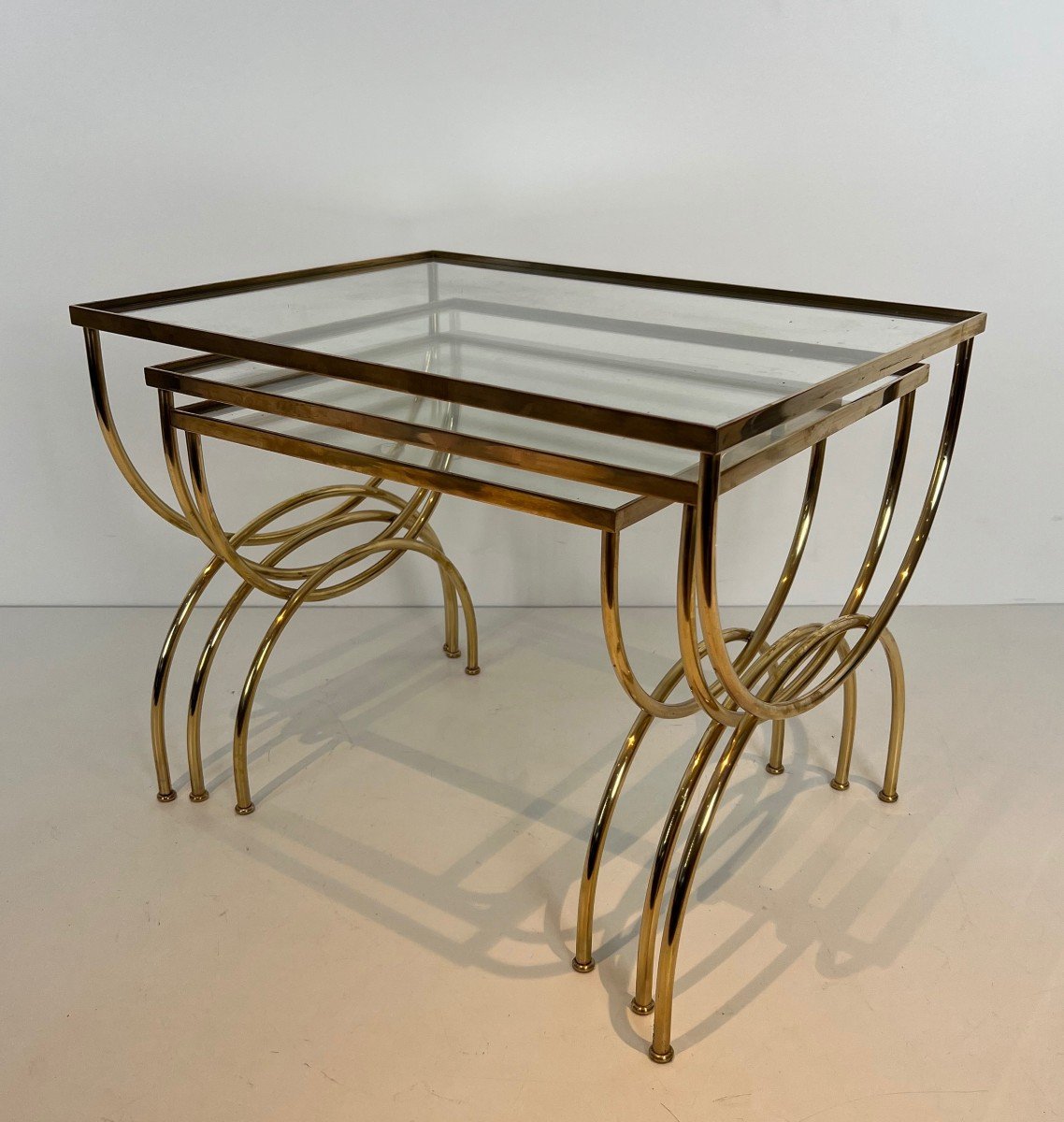 Neoclassical Style Brass Nesting Tables With Arcuate Base. French Work. Circa 1940-photo-8