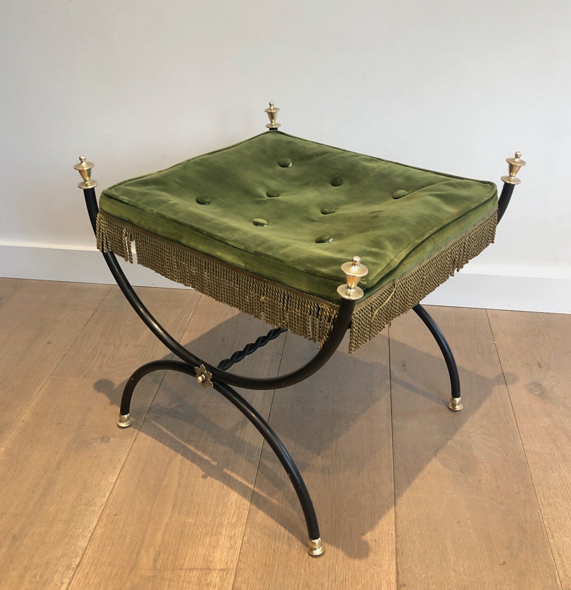 Neoclassical Style Stool In Black Lacquered Metal, Brass And Velvet-photo-1