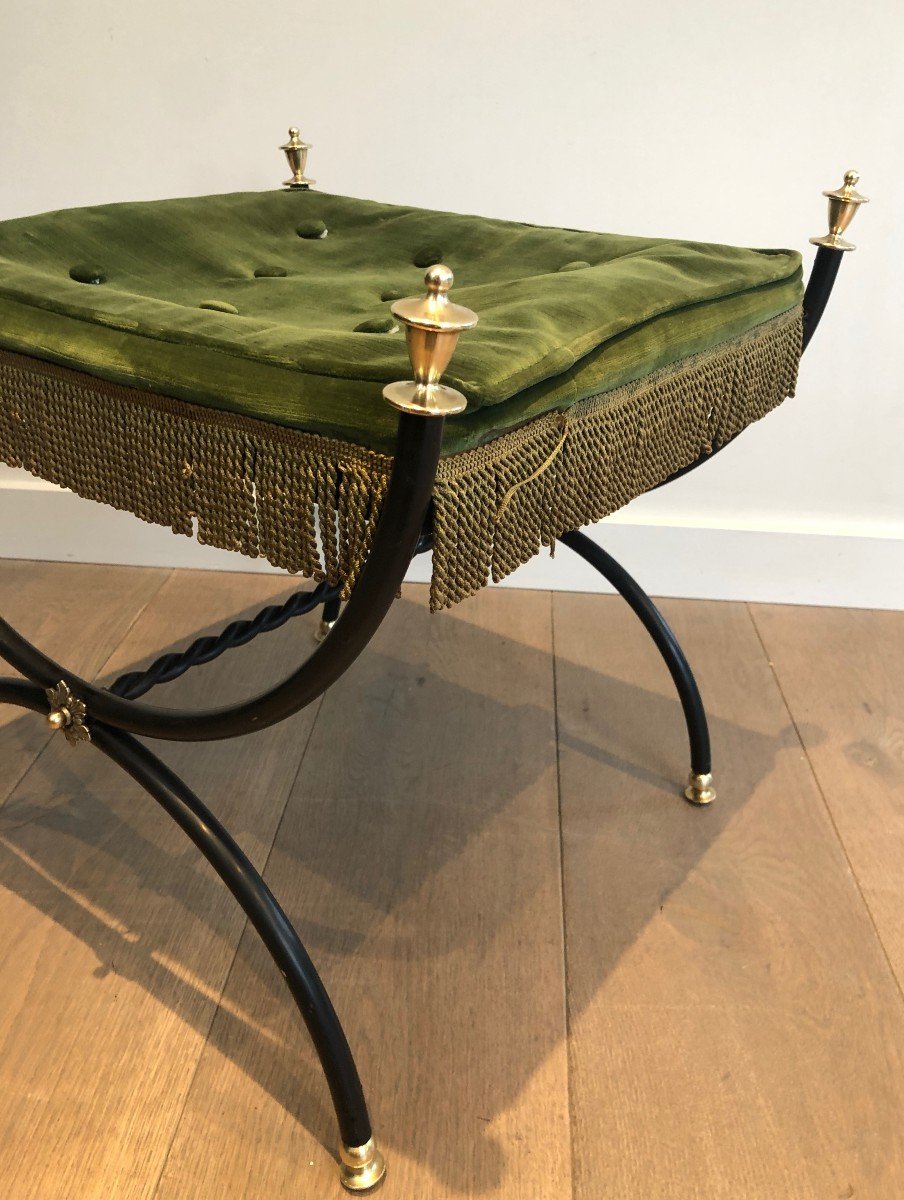 Neoclassical Style Stool In Black Lacquered Metal, Brass And Velvet-photo-3