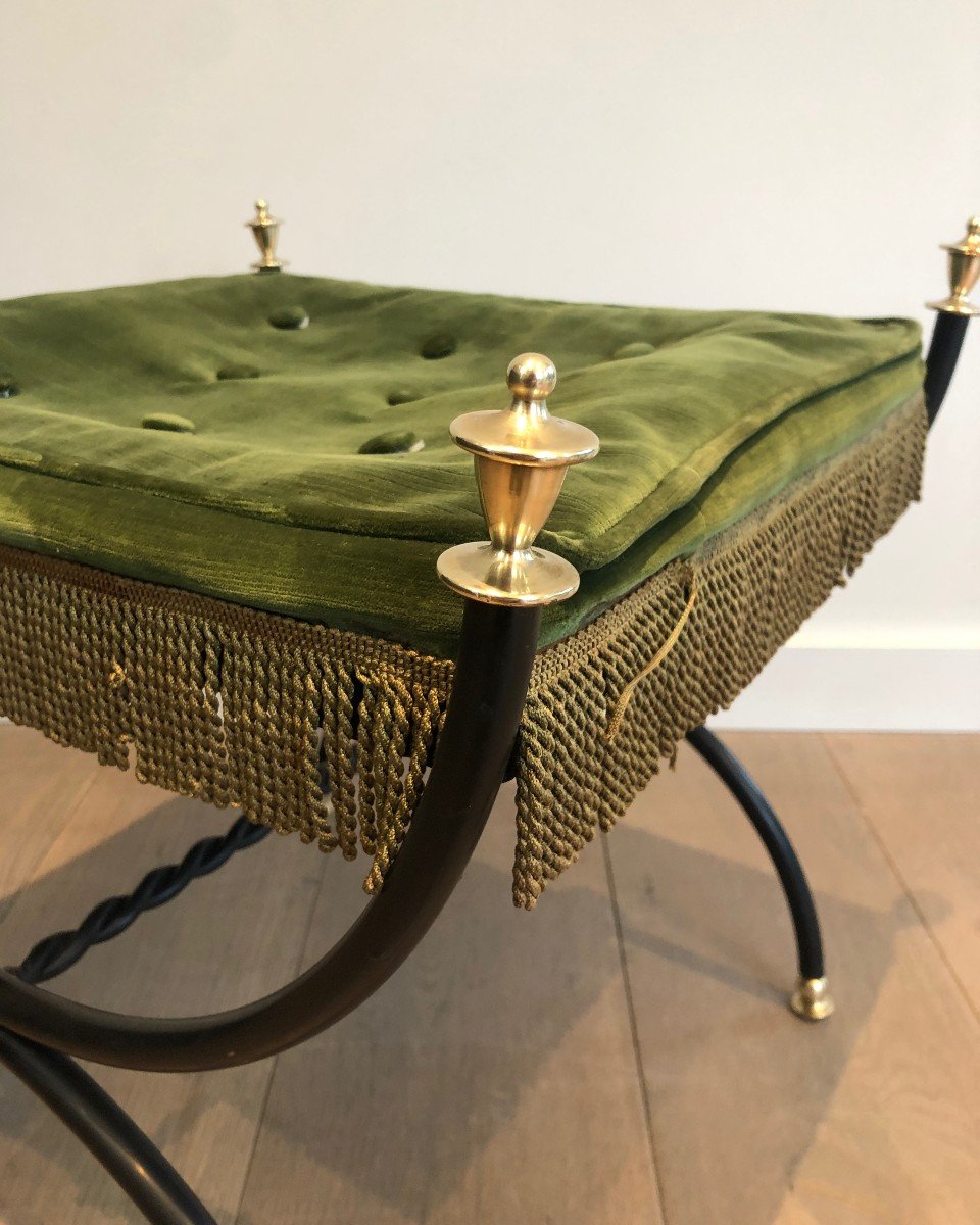 Neoclassical Style Stool In Black Lacquered Metal, Brass And Velvet-photo-4