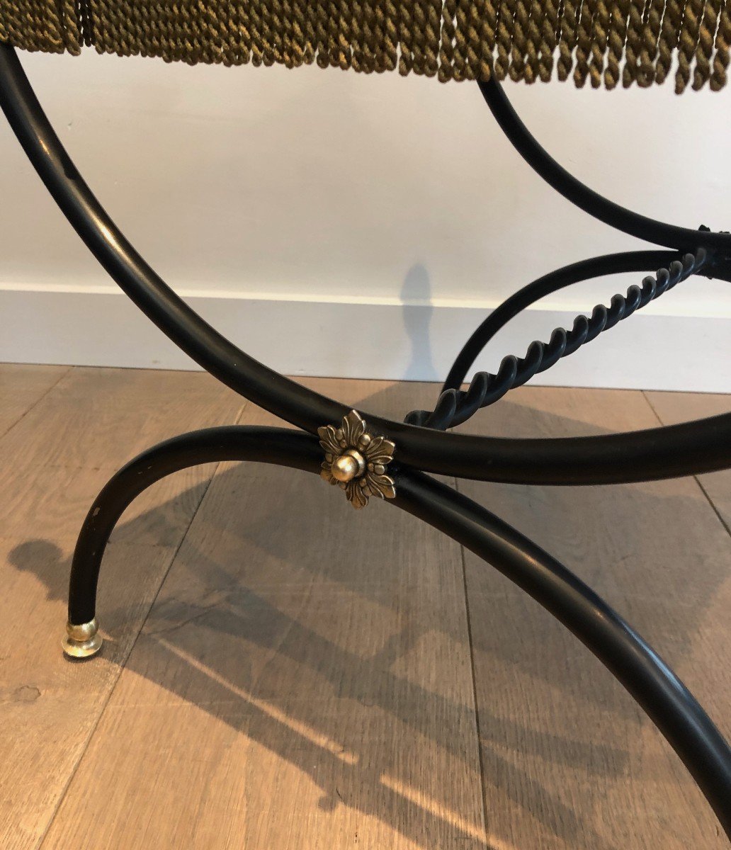 Neoclassical Style Stool In Black Lacquered Metal, Brass And Velvet-photo-5