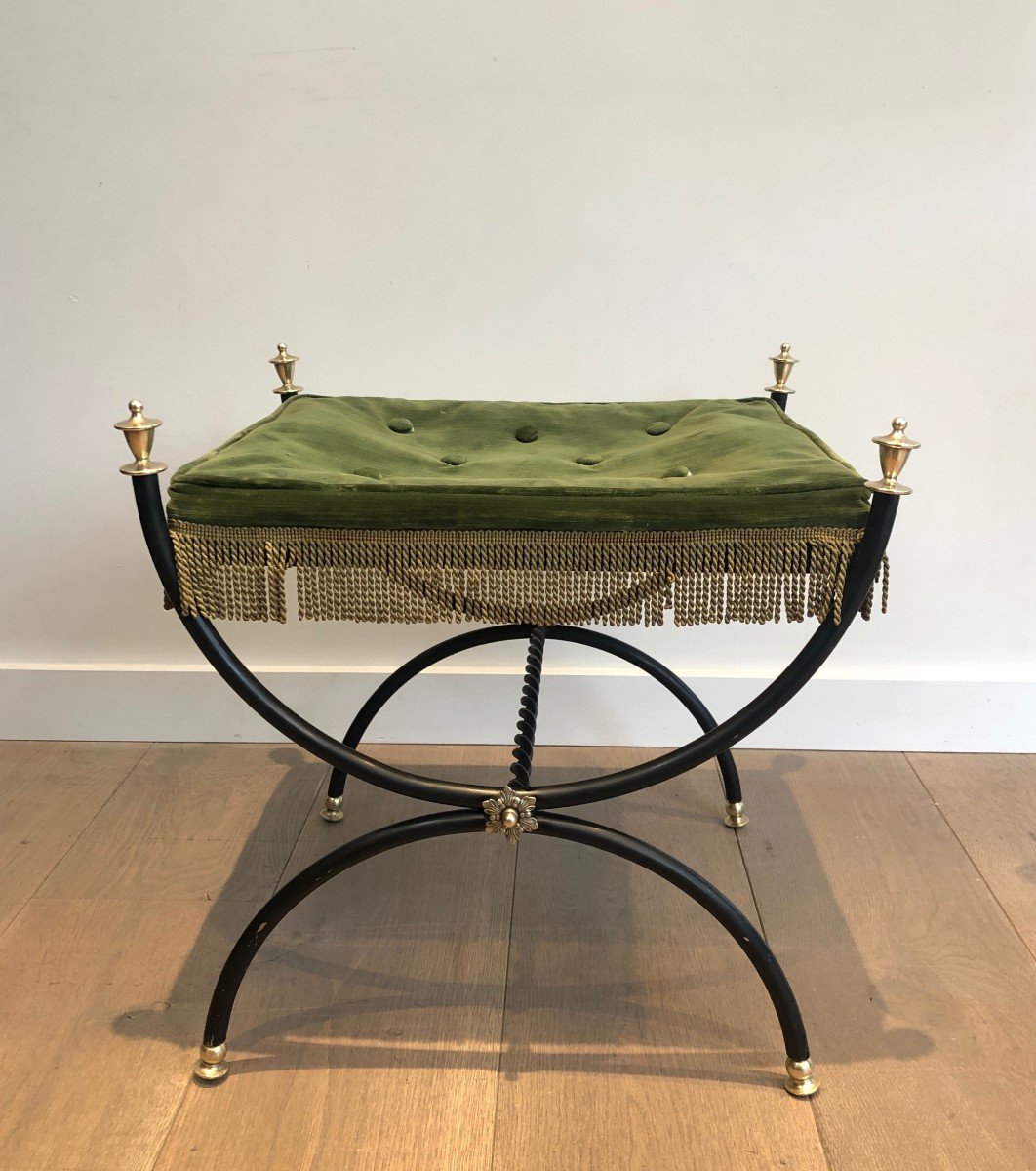 Neoclassical Style Stool In Black Lacquered Metal, Brass And Velvet