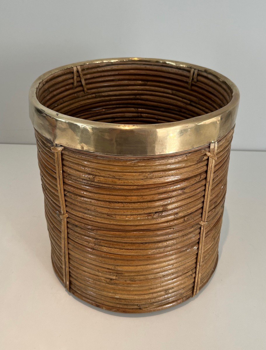 Rattan And Brass Wastebasket In The Style Of Gabriela Crespi. Italian Work. Circa 1970-photo-2