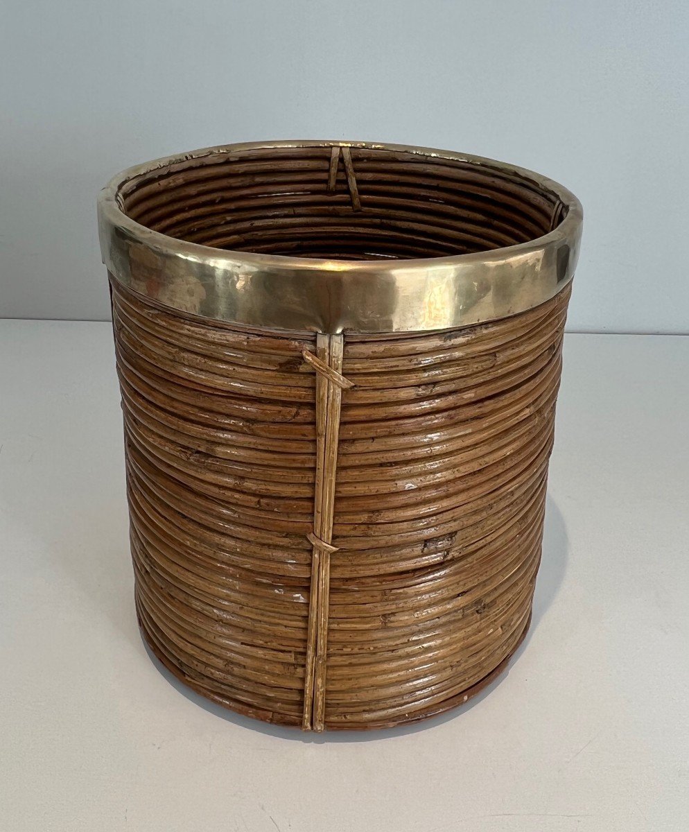 Rattan And Brass Wastebasket In The Style Of Gabriela Crespi. Italian Work. Circa 1970-photo-3