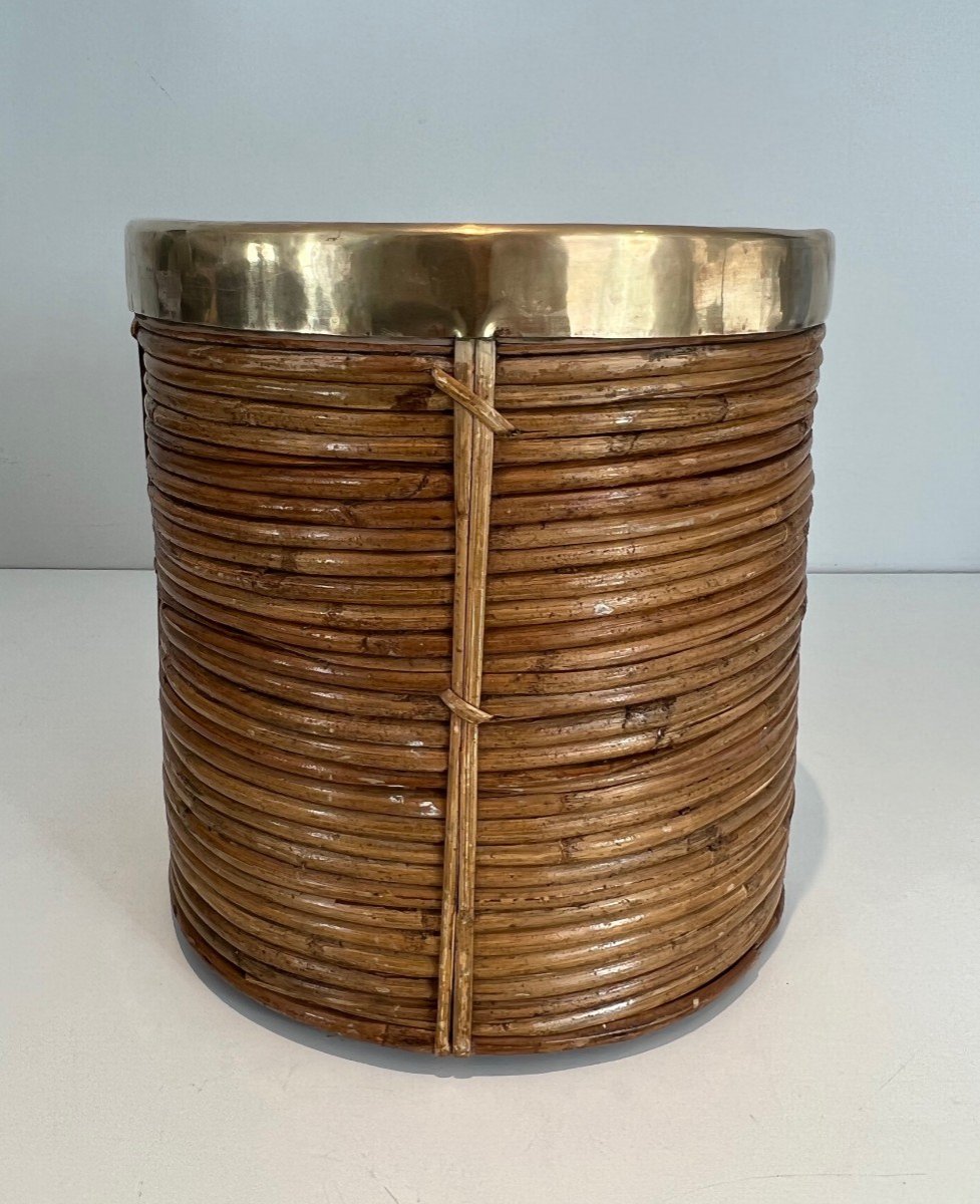 Rattan And Brass Wastebasket In The Style Of Gabriela Crespi. Italian Work. Circa 1970-photo-4