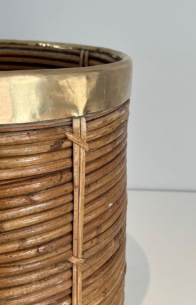 Rattan And Brass Wastebasket In The Style Of Gabriela Crespi. Italian Work. Circa 1970-photo-3