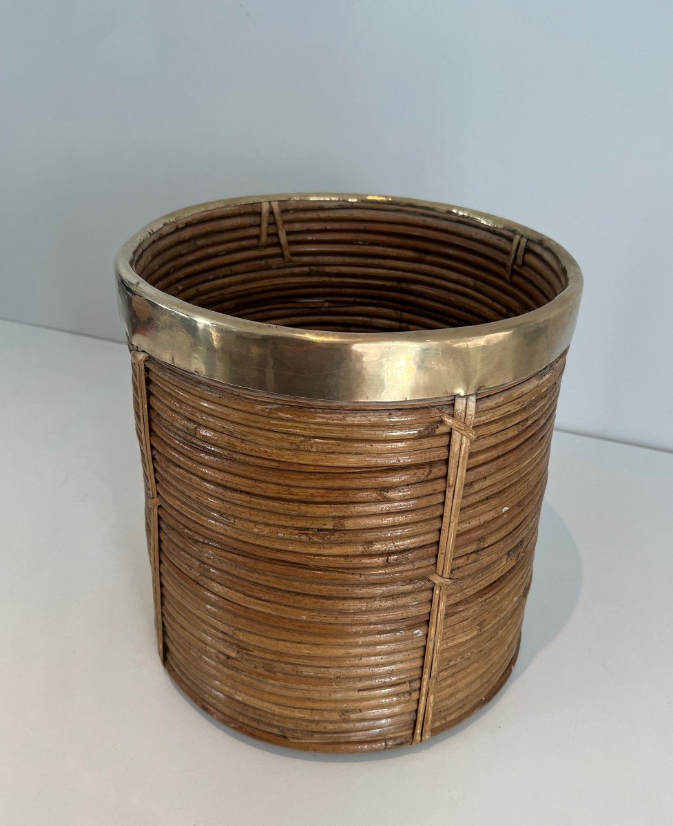 Rattan And Brass Wastebasket In The Style Of Gabriela Crespi. Italian Work. Circa 1970-photo-8