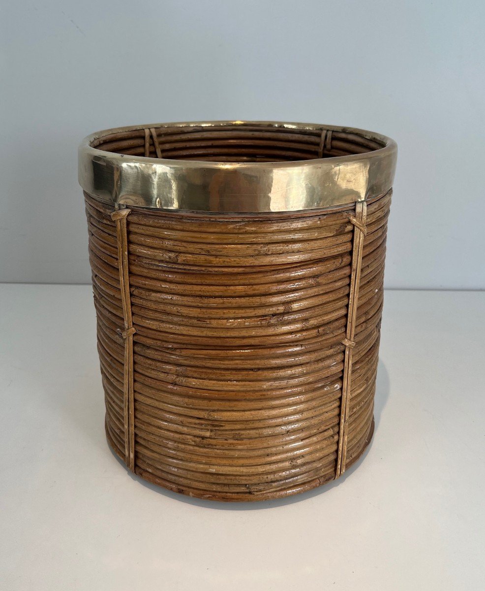 Rattan And Brass Wastebasket In The Style Of Gabriela Crespi. Italian Work. Circa 1970