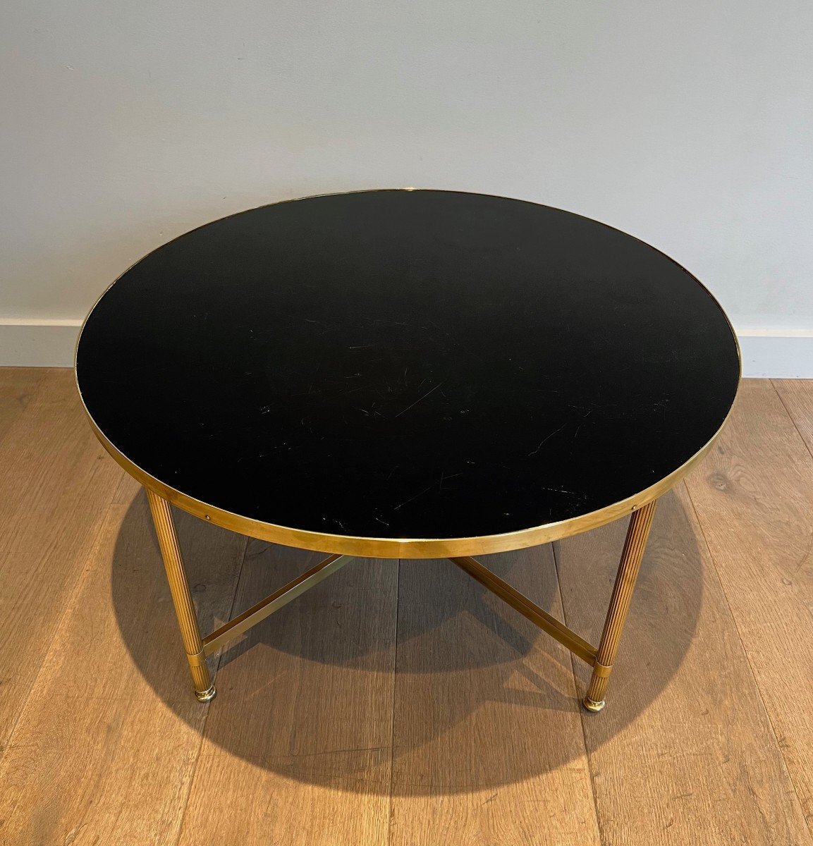 Round Brass Coffee Table With Black Lacquered Glass Top. Frencvh Work By Maison Jansen. -photo-2