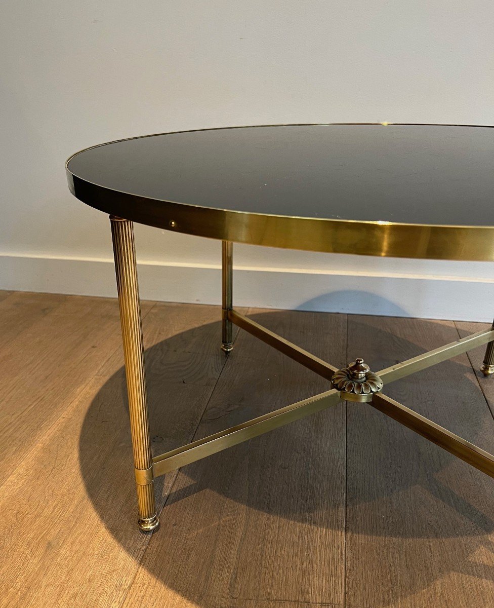 Round Brass Coffee Table With Black Lacquered Glass Top. Frencvh Work By Maison Jansen. -photo-3