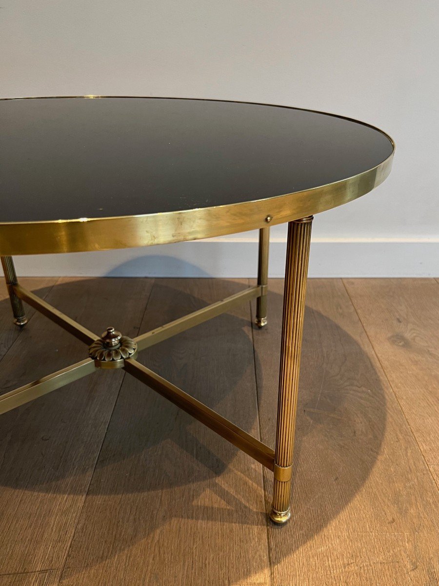 Round Brass Coffee Table With Black Lacquered Glass Top. Frencvh Work By Maison Jansen. -photo-4