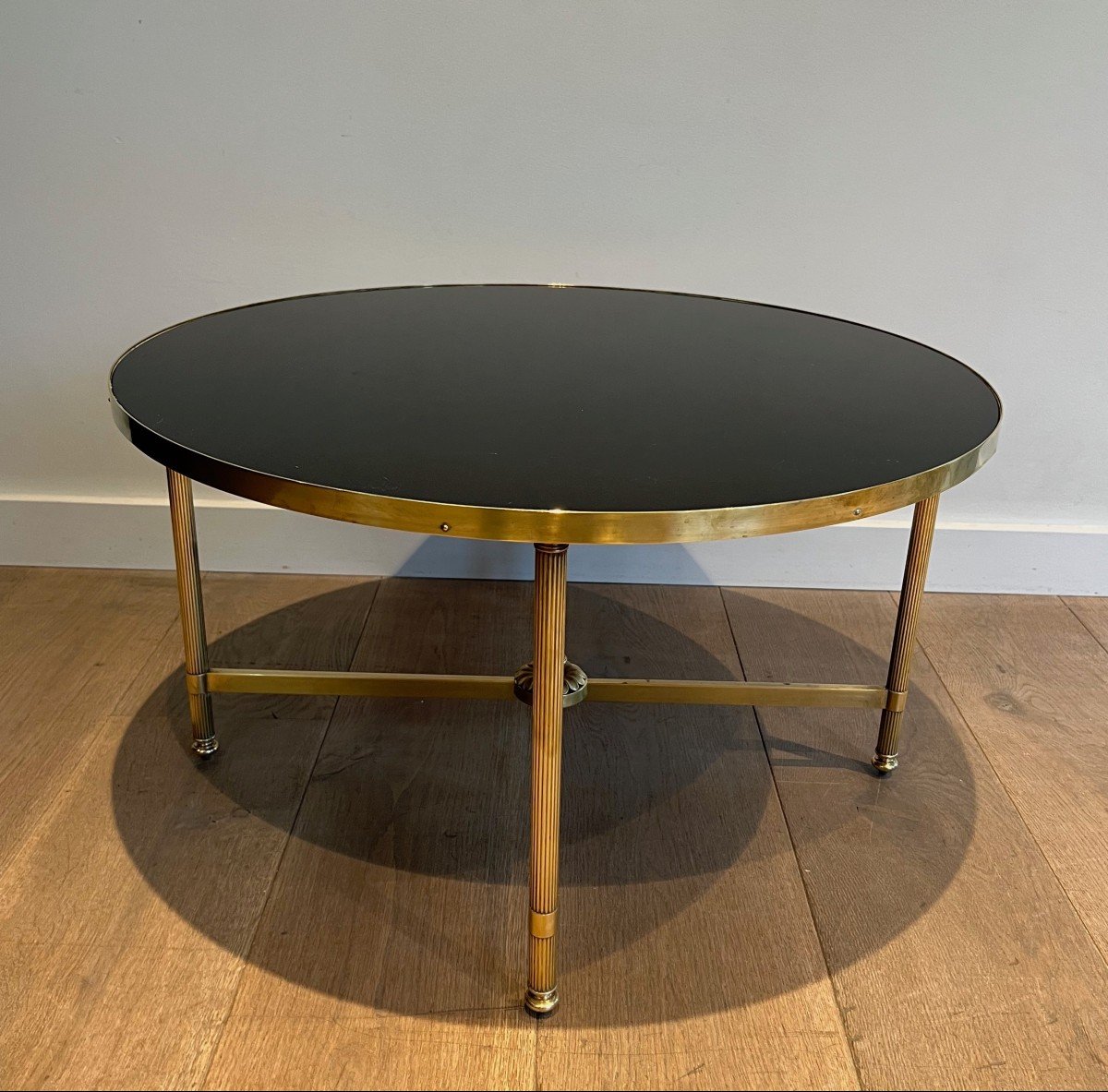 Round Brass Coffee Table With Black Lacquered Glass Top. Frencvh Work By Maison Jansen. -photo-7